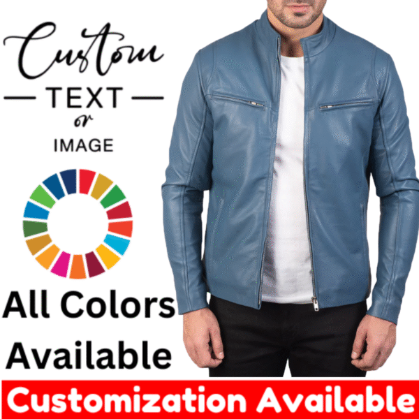 IONIC Blue Leather Jacket - All Sizes Available - Add any Text, Logo, Numbers - Free Customization