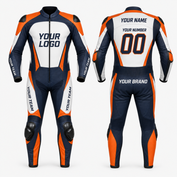 Custom Leather and Cordura Motorcycle Racing Suit for Men, Women, and Kids, Personalized Motorsport Team Suit with Logo, Name, Number, Flag, Sponsor Branding, and Private Label Options