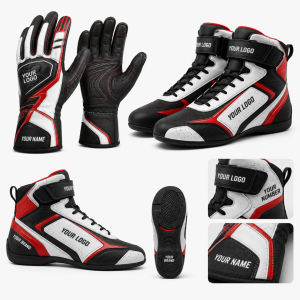 Custom Racing Gloves and Boots Set for Men, Women, and Kids, Personalized Karting and Motorsport Gear with Logo, Name, Number, Flag, Sponsor Branding, and Private Label Options