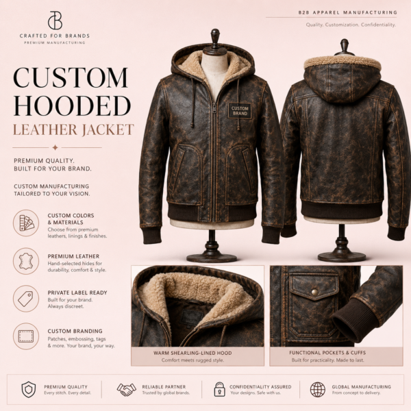 download (10) Genuine Leather Hooded Jackets with Logo, Text, and Custom Colors