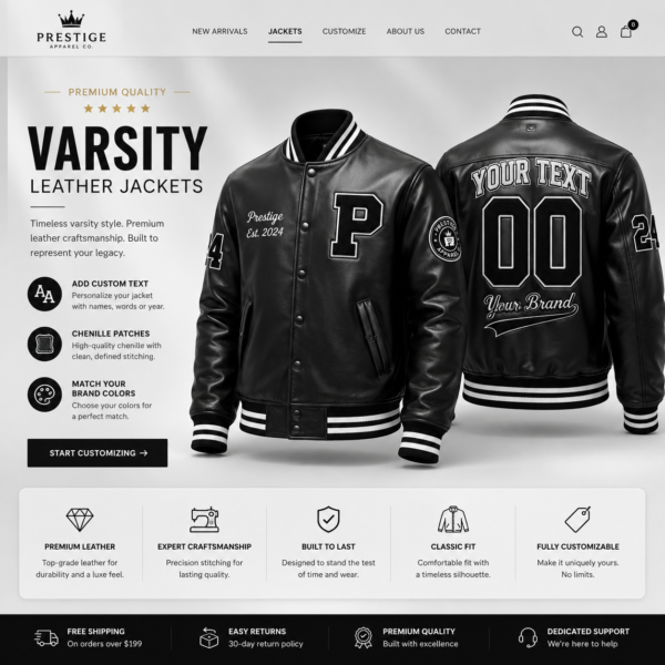 download (12) Premium Varsity Leather Jackets with Logo, Patches, and Embroidery
