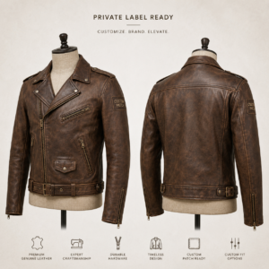 download (15) Genuine Leather Biker Jackets with Custom Logo, Patches, and Text