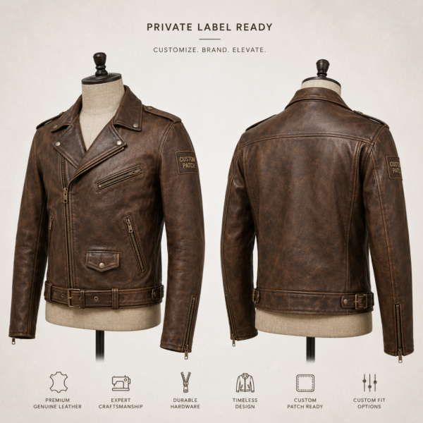 download (15) Genuine Leather Biker Jackets with Custom Logo, Patches, and Text