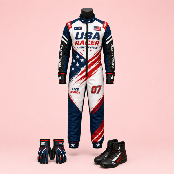 download (30) Custom USA Theme Racing-Inspired Jumpsuit Set with Gloves and Shoes