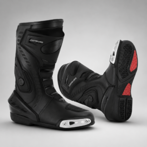 Motorcycle-Style Leather Boots with Logo, Support Areas, and Custom Branding