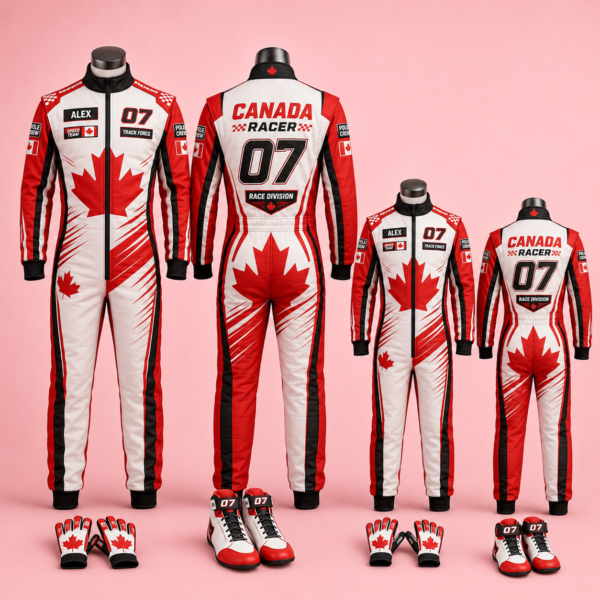rew Custom Canada Theme Racing-Inspired Jumpsuit Set with Gloves and Shoes